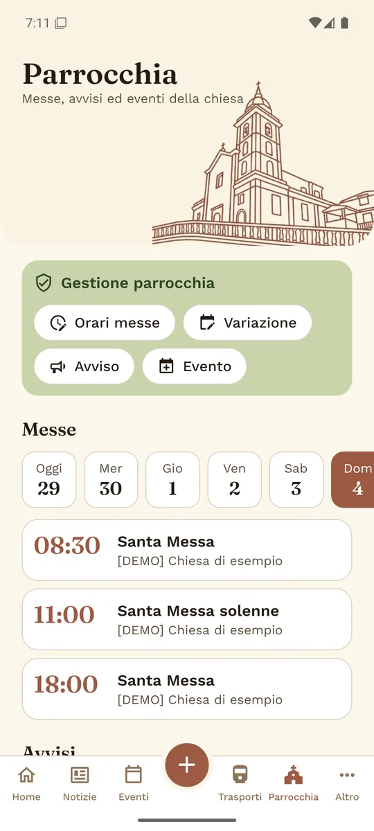 Schermata Parrocchia con gli orari delle messe della domenica